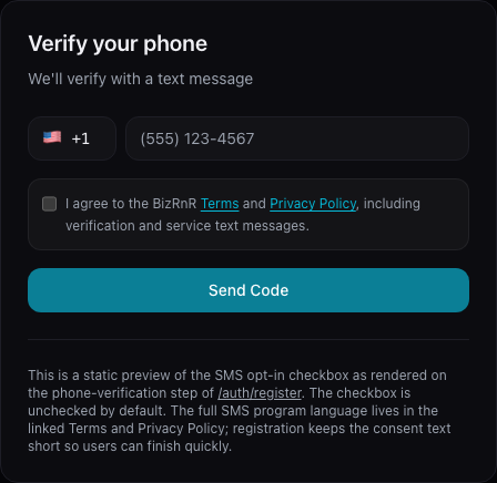 Close-up of the short BizRnR Terms checkbox and Send Code button on the registration phone step.