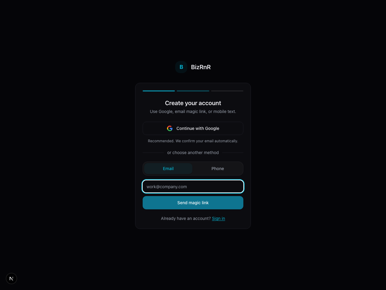 Screenshot of the BizRnR registration method screen with Google, email magic link, and mobile text registration paths.