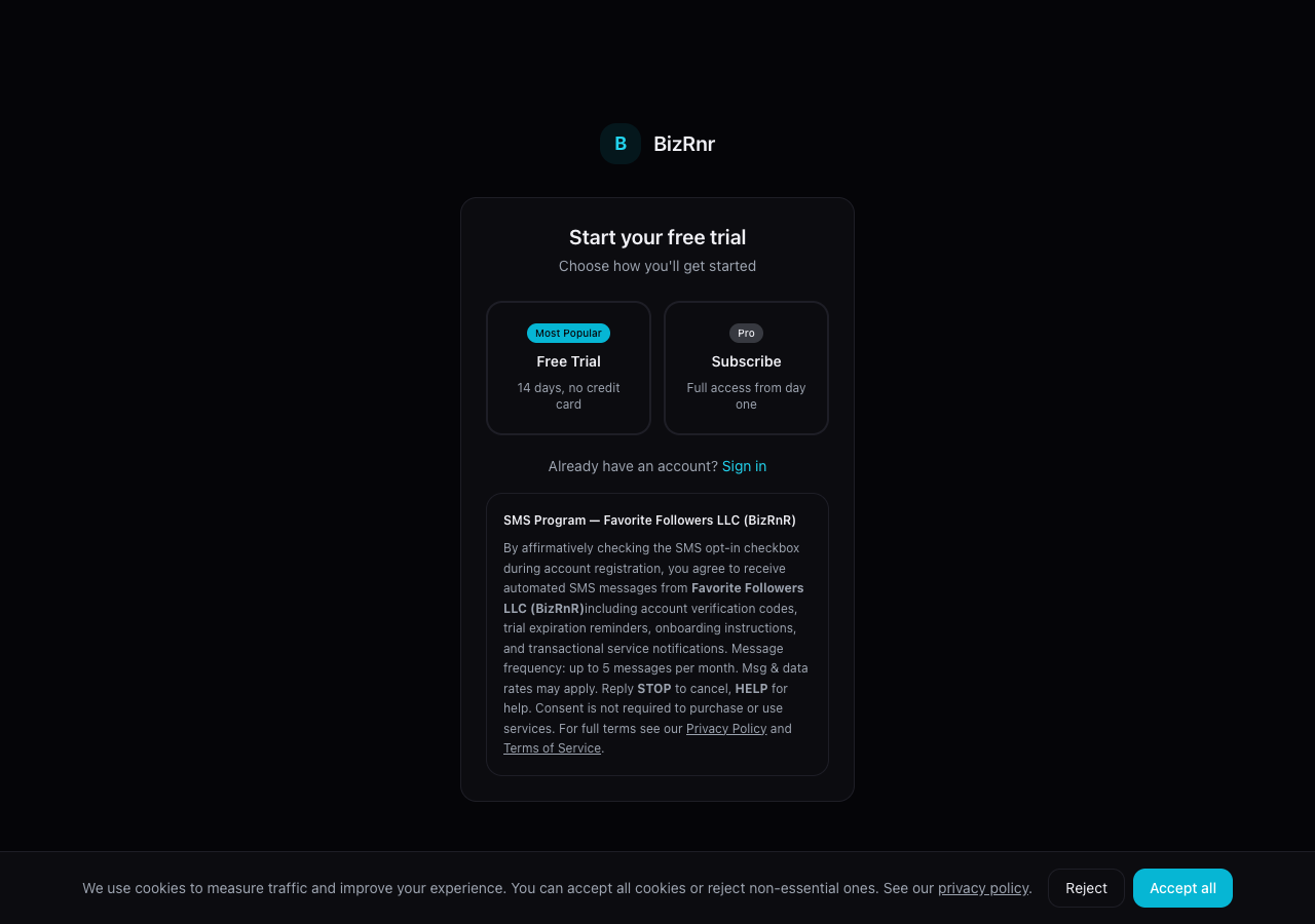 Screenshot of https://bizrnr.com/auth/register showing the SMS Program disclosure block at the bottom of the registration card, visible on first paint.